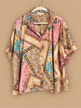 Graceful Printed Satin Button-Up Top in Pink & Teal
